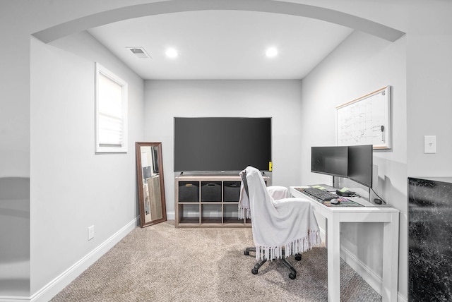 view of carpeted home office