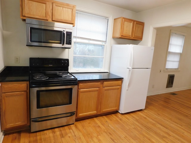 kitchen featuring stainless steel appliances and light hardwood / wood-style floors