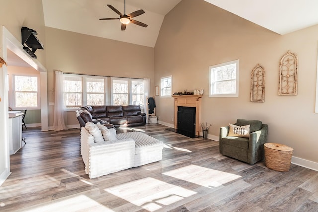 living room featuring ceiling fan, wood-type flooring, and high vaulted ceiling