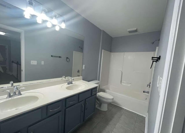 full bathroom featuring tile patterned flooring, vanity, shower / washtub combination, and toilet