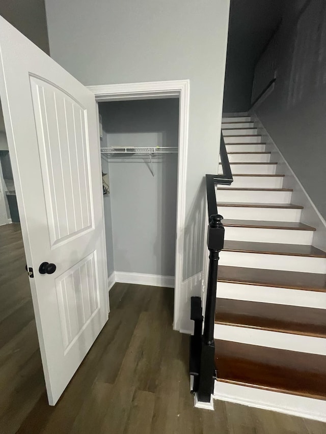 stairway with hardwood / wood-style floors