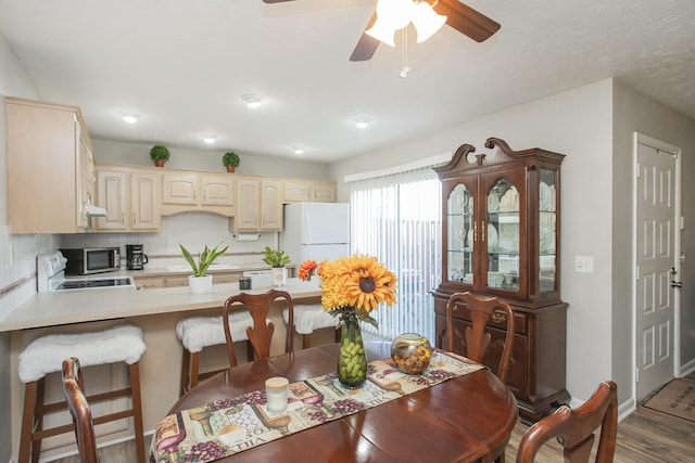 dining area with ceiling fan and hardwood / wood-style floors