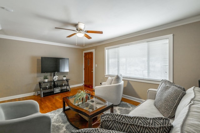 living room featuring ceiling fan, ornamental molding, and wood-type flooring