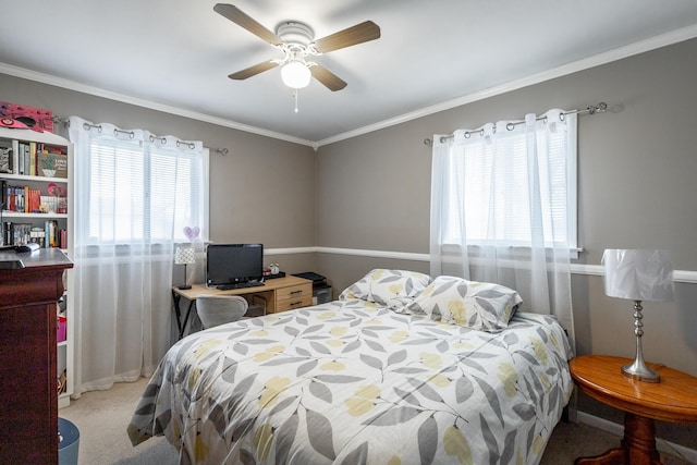 bedroom with crown molding, light carpet, and ceiling fan