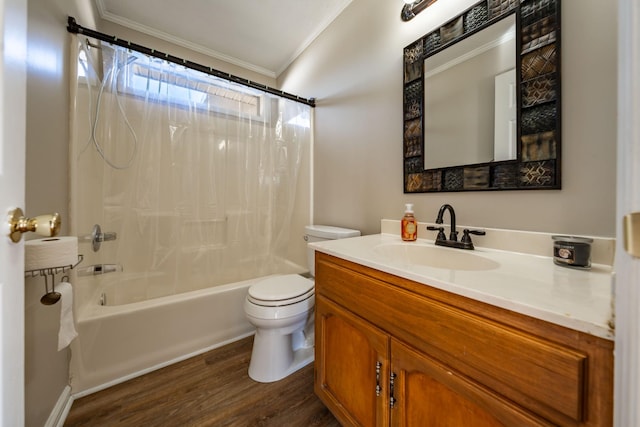 full bathroom with hardwood / wood-style floors, shower / bath combination with curtain, vanity, toilet, and crown molding