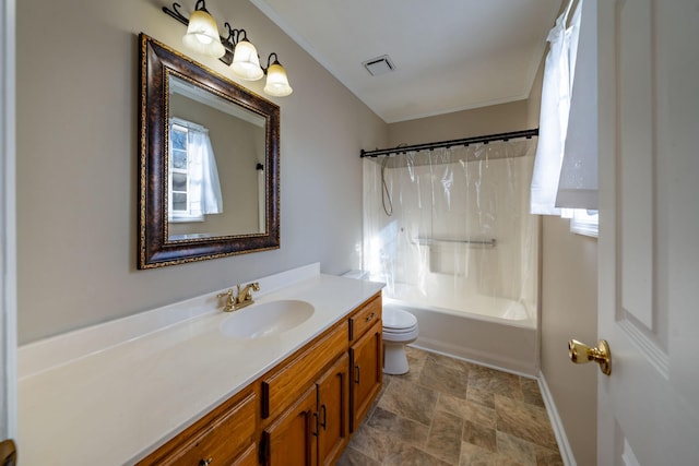 full bathroom featuring shower / bathtub combination with curtain, vanity, and toilet