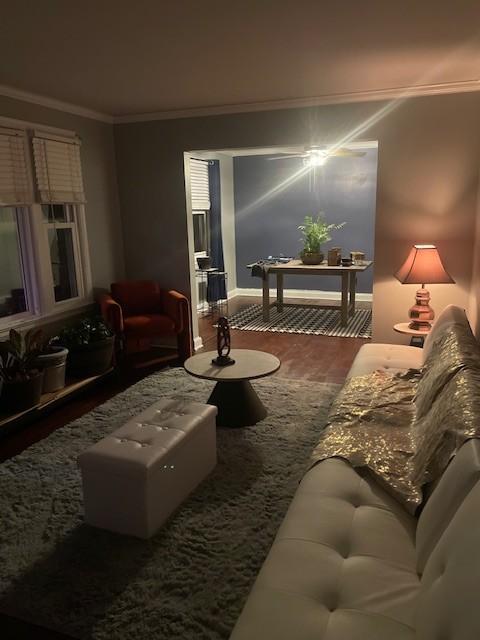 living room with crown molding and wood-type flooring