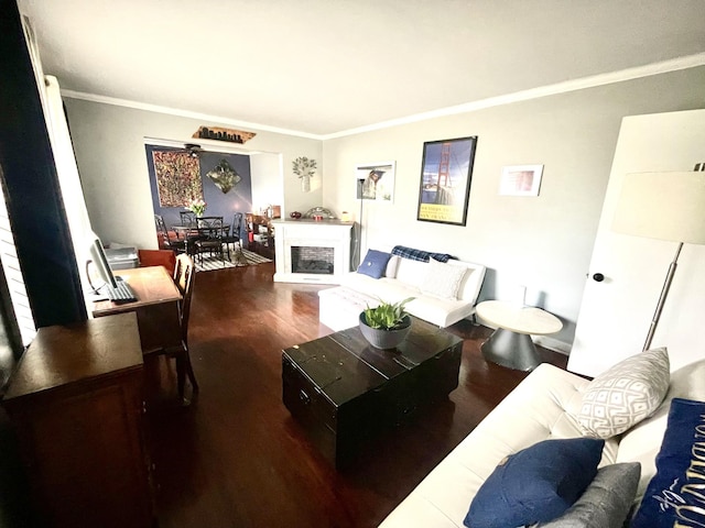 living room with ornamental molding and hardwood / wood-style floors