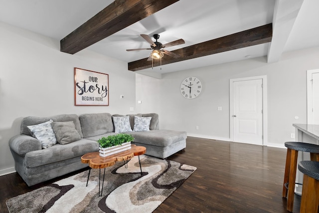 living room featuring beam ceiling, dark hardwood / wood-style floors, and ceiling fan