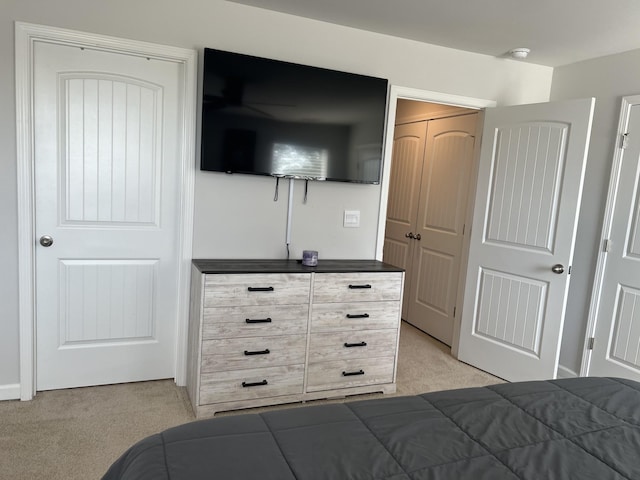 bedroom featuring light colored carpet and a closet