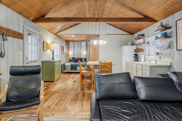 dining area with sink, a notable chandelier, lofted ceiling with beams, wooden ceiling, and light wood-type flooring