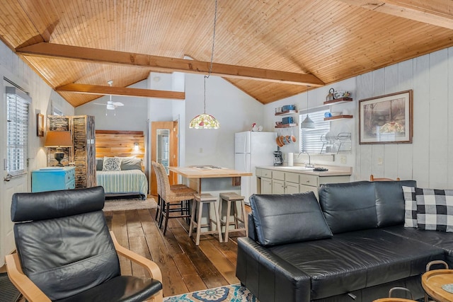 living room with wooden walls, vaulted ceiling with beams, sink, wood ceiling, and dark wood-type flooring