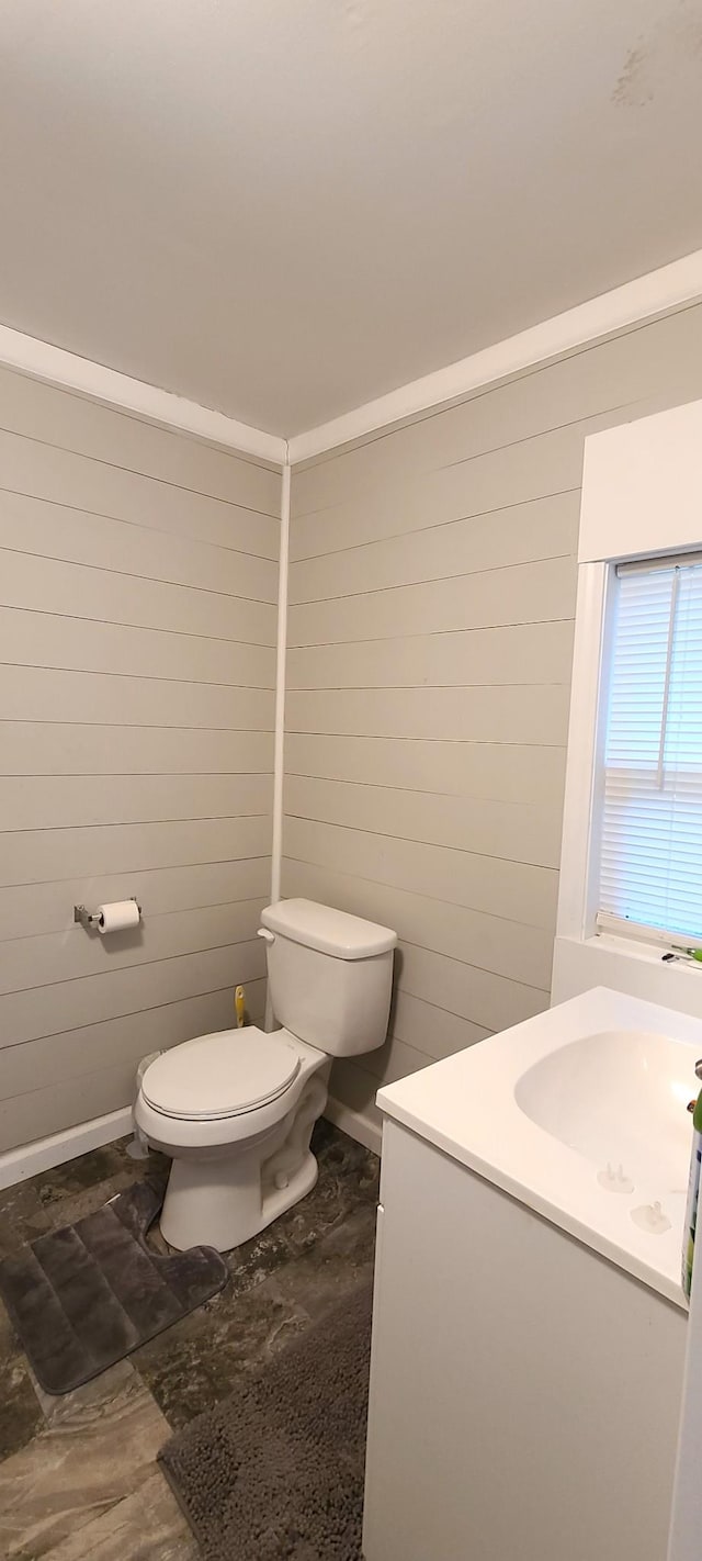 bathroom featuring vanity, toilet, and wood walls