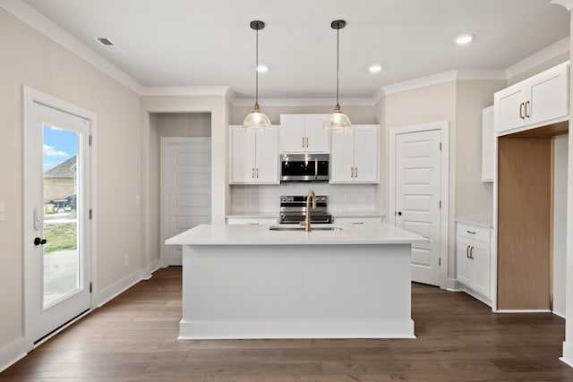 kitchen with a kitchen island with sink, sink, stainless steel appliances, and white cabinets