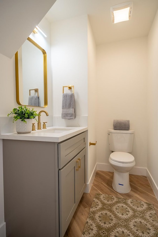 bathroom featuring wood-type flooring, toilet, and vanity