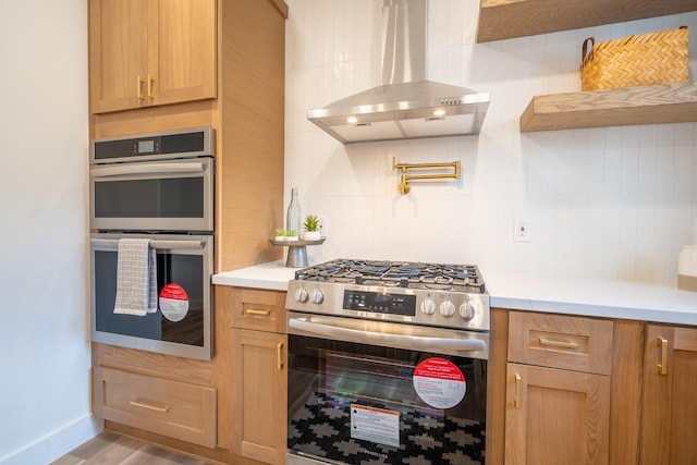 kitchen with tasteful backsplash, ventilation hood, and stainless steel appliances