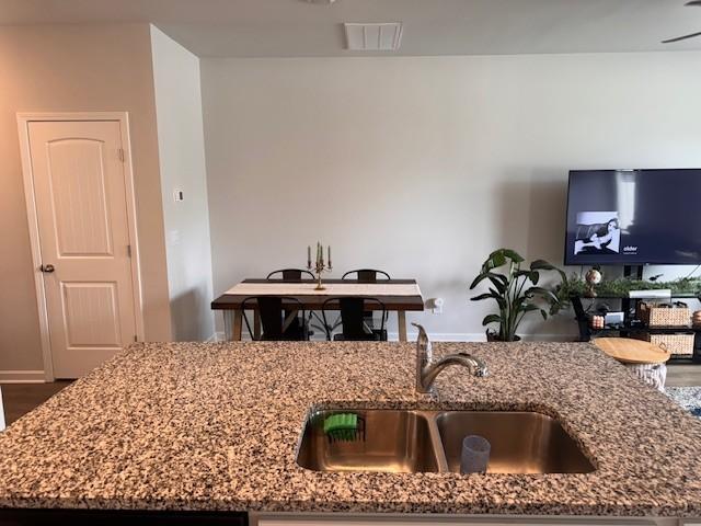 kitchen with light stone counters, sink, and a center island with sink