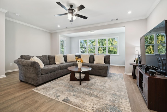 living room featuring crown molding, plenty of natural light, ceiling fan, and hardwood / wood-style flooring