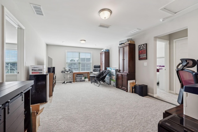 office area featuring a wealth of natural light and light carpet