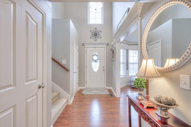 foyer featuring a high ceiling, plenty of natural light, and hardwood / wood-style floors