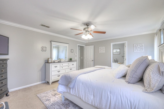 bedroom with ceiling fan, light colored carpet, ornamental molding, and connected bathroom