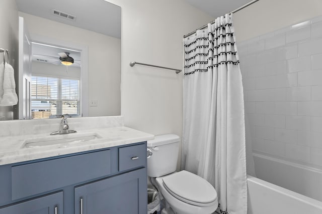 full bathroom with vanity, shower / bathtub combination with curtain, ceiling fan, and toilet