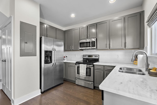 kitchen with gray cabinetry, sink, stainless steel appliances, and electric panel