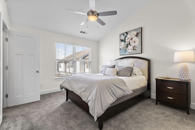 carpeted bedroom with lofted ceiling and ceiling fan