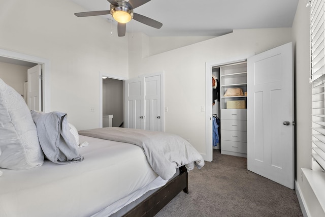 bedroom featuring ceiling fan, vaulted ceiling, carpet floors, a walk in closet, and a closet