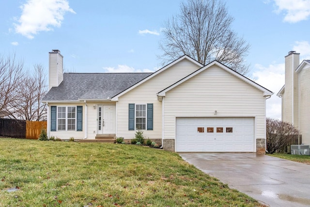 ranch-style home featuring central AC, a garage, and a front lawn