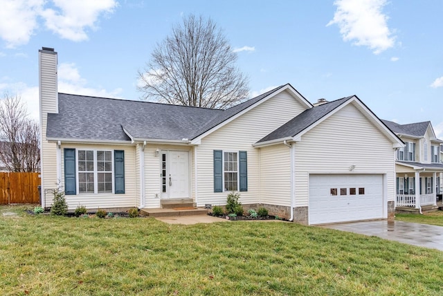 ranch-style house with a garage and a front yard