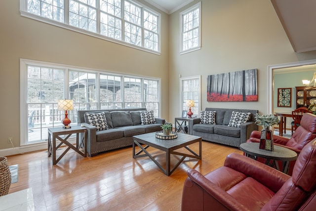 living room with an inviting chandelier, a towering ceiling, ornamental molding, and light wood-type flooring