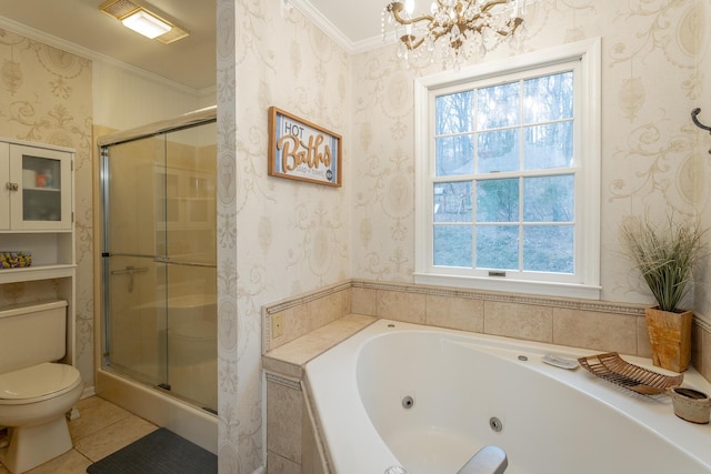 bathroom featuring tile patterned flooring, crown molding, plus walk in shower, and toilet