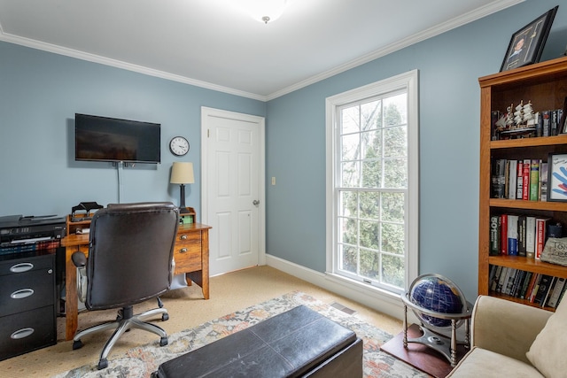 carpeted office space featuring ornamental molding