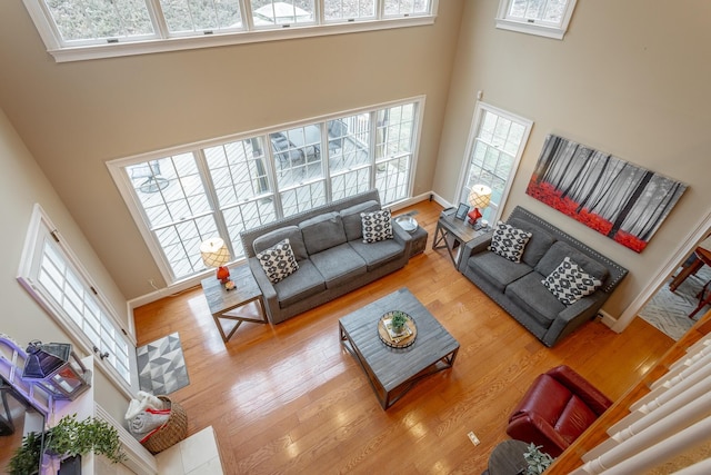 living room with plenty of natural light, a towering ceiling, and light wood-type flooring