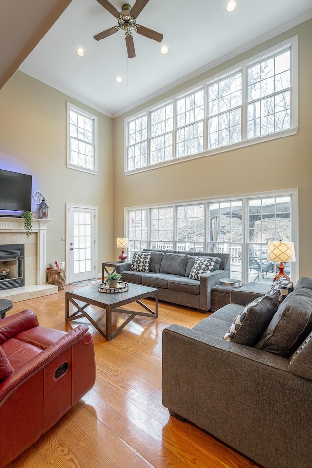 living room featuring a high ceiling, crown molding, light wood-type flooring, and a fireplace