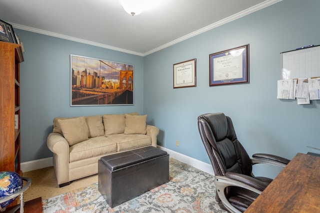 home office with ornamental molding