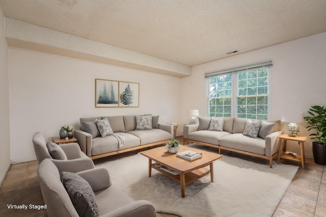 living room featuring a textured ceiling