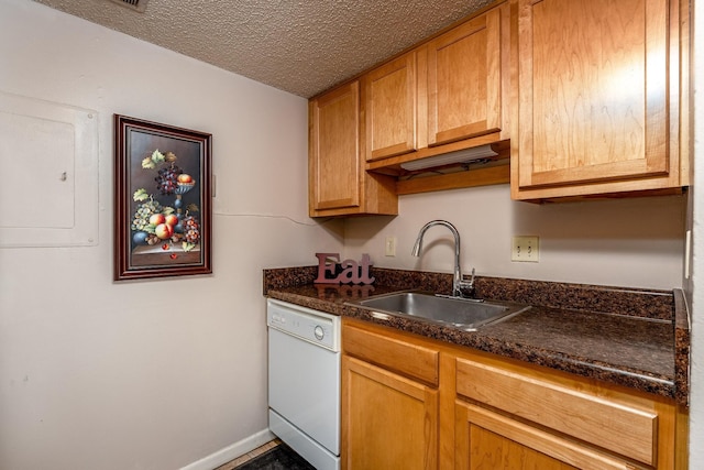 kitchen with sink, a textured ceiling, white dishwasher, and electric panel