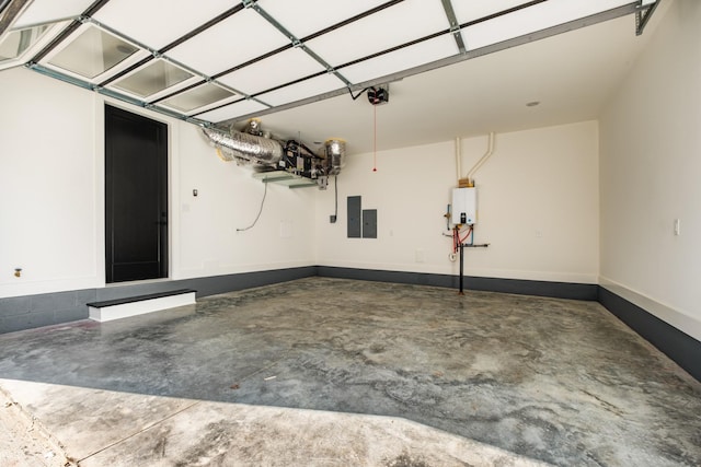 garage with a garage door opener, electric panel, and tankless water heater