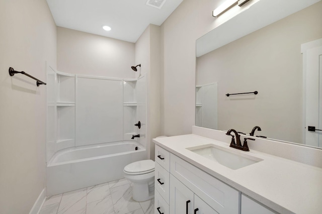 full bathroom featuring washtub / shower combination, vanity, and toilet