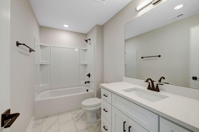 full bathroom featuring vanity, shower / tub combination, and toilet