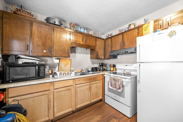 kitchen featuring dark hardwood / wood-style flooring, sink, a textured ceiling, and white appliances