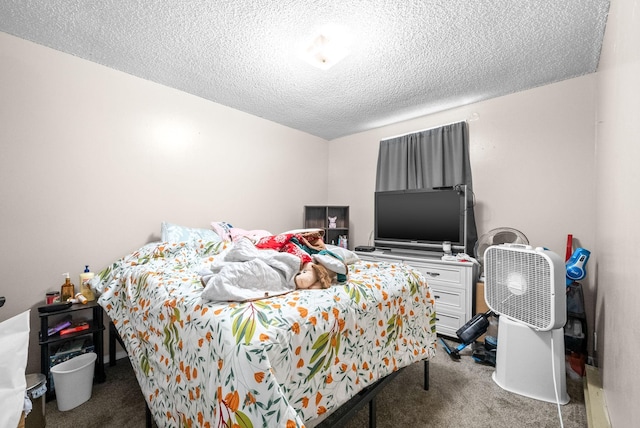 carpeted bedroom with a textured ceiling