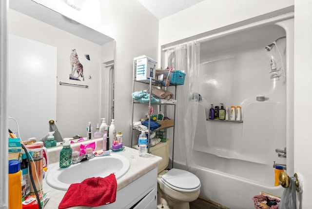 full bathroom with vanity, shower / bath combination with curtain, and toilet