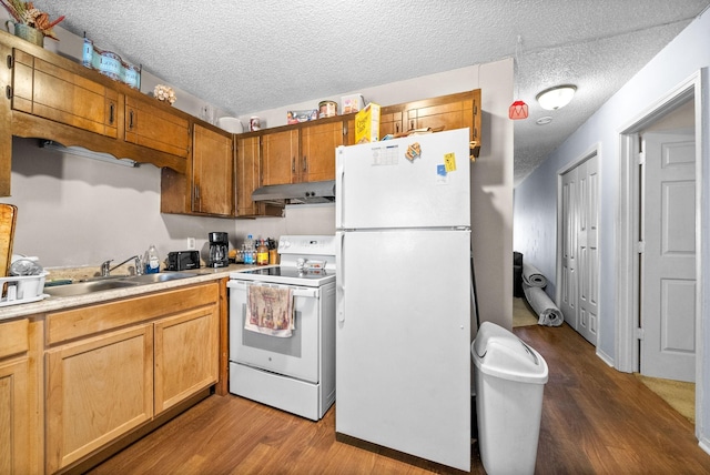 kitchen with sink, white appliances, dark hardwood / wood-style floors, and a textured ceiling