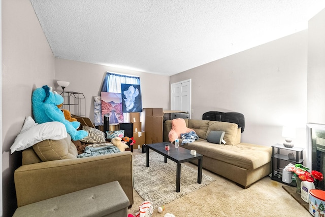 living room with carpet floors and a textured ceiling