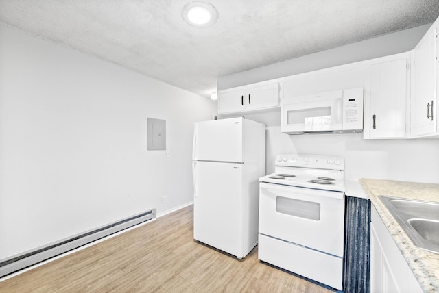 kitchen featuring white cabinetry, a baseboard radiator, electric panel, white appliances, and light hardwood / wood-style flooring