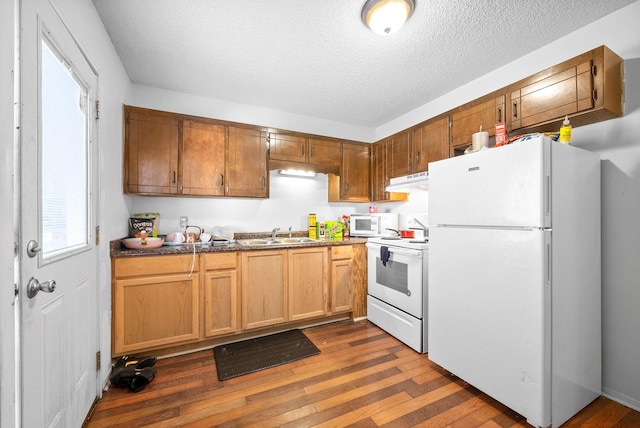 kitchen featuring dark hardwood / wood-style flooring, sink, a textured ceiling, and white appliances