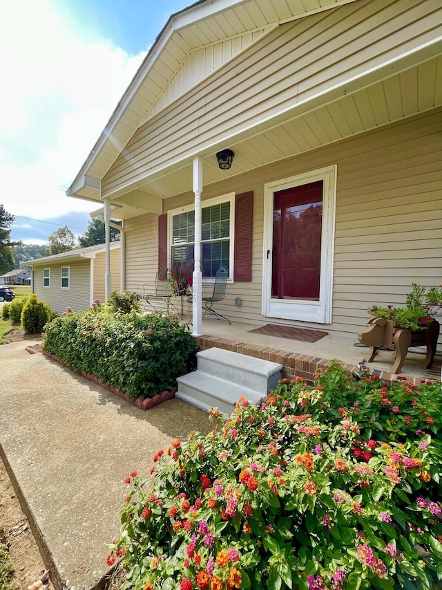 view of exterior entry with a porch